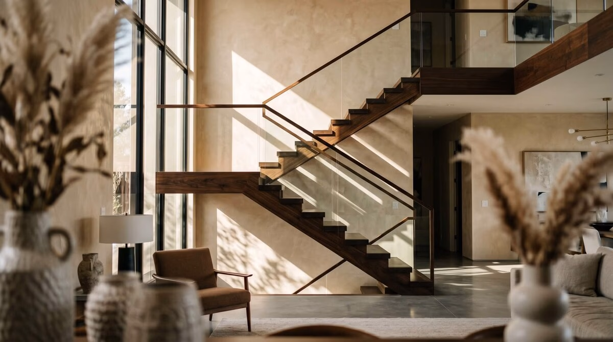 Modern residential interior with soft natural light and timeless materials