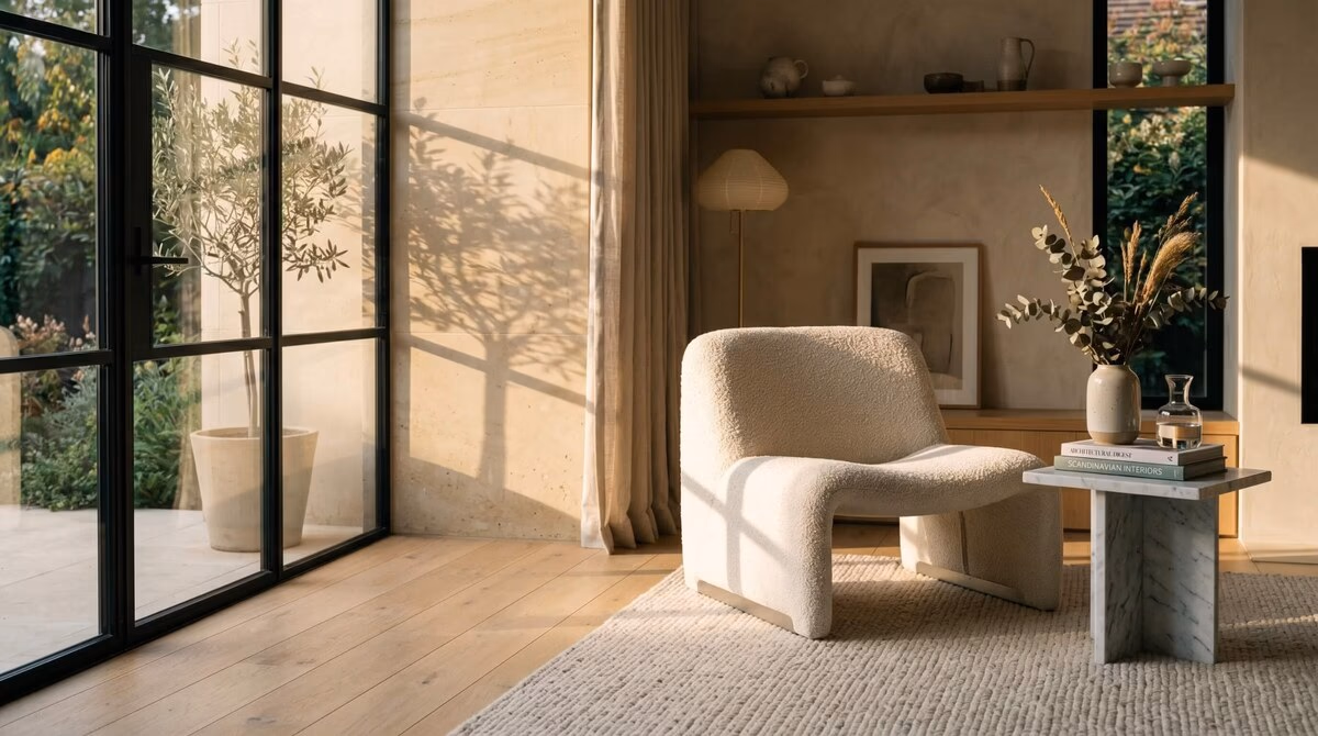 Modern residential interior with soft natural light and timeless materials